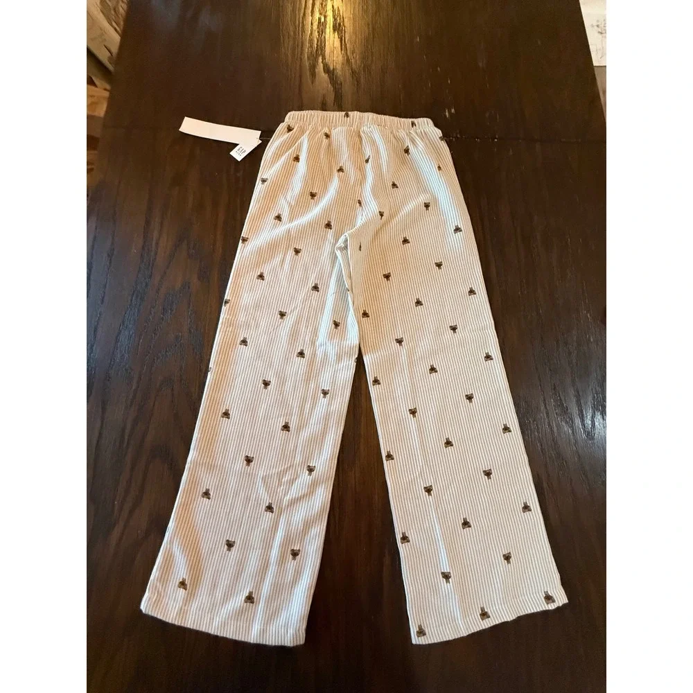 Gap Pajama Pants Kids Size 12 Tan White Striped New Teddy Bear Print Sleepwear
